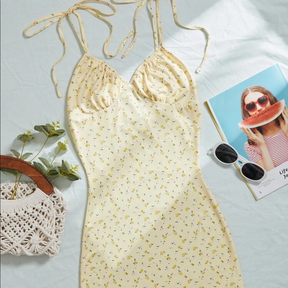 Yellow Daisy Floral Ruched Sundress Mini